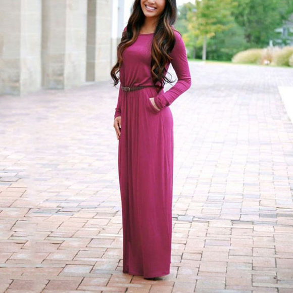 Image de Round Neck Long Sleeve Maxi Autumn Dress With Belt And Pockets