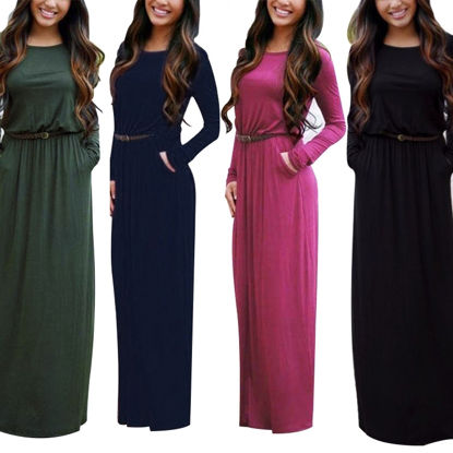 Picture of Round Neck Long Sleeve Maxi Autumn Dress With Belt And Pockets