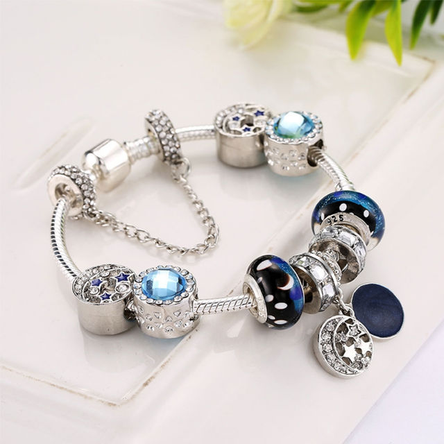 Picture of Radiation Protection Blue Star Vintage Glass Bracelet With Stars Moon Pendant