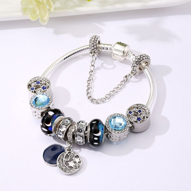 Picture of Radiation Protection Blue Star Vintage Glass Bracelet With Stars Moon Pendant