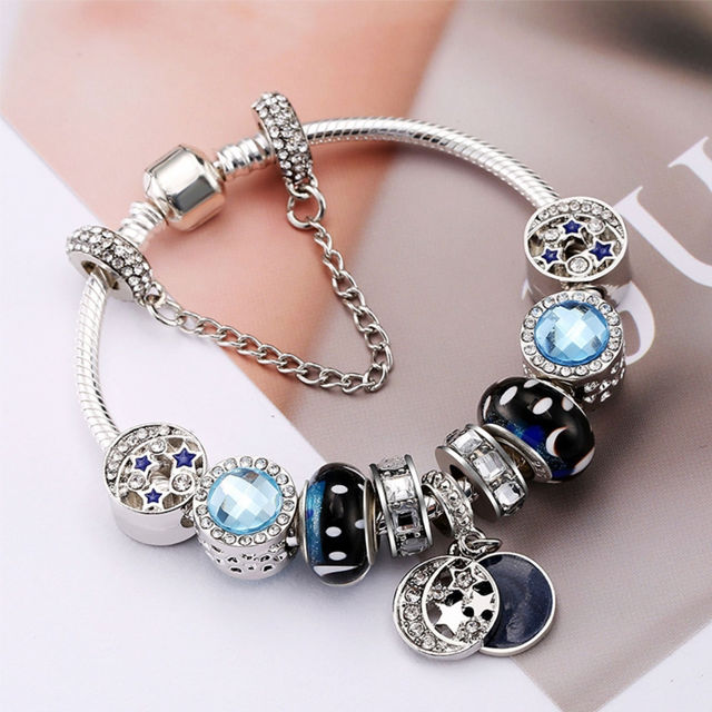 Picture of Radiation Protection Blue Star Vintage Glass Bracelet With Stars Moon Pendant