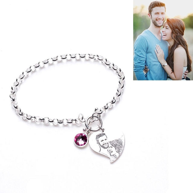 Picture of Engraved Heart Photo Pendant Bracelet in 925 Sterling Silver