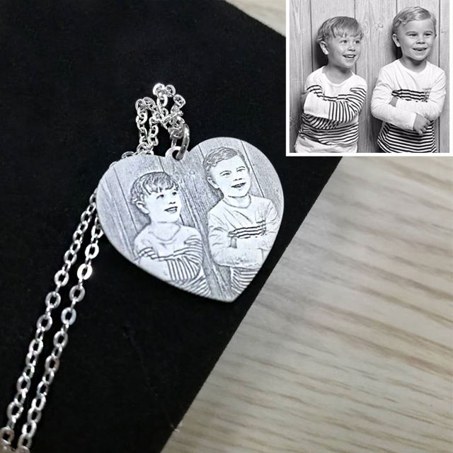 Picture of Engraved Heart Photo Pendant Necklace In 925 Sterling Silver