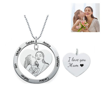 Picture of Engraved Heart Pendant Photo Necklace With Round Name Disc In 925 Sterling Silver