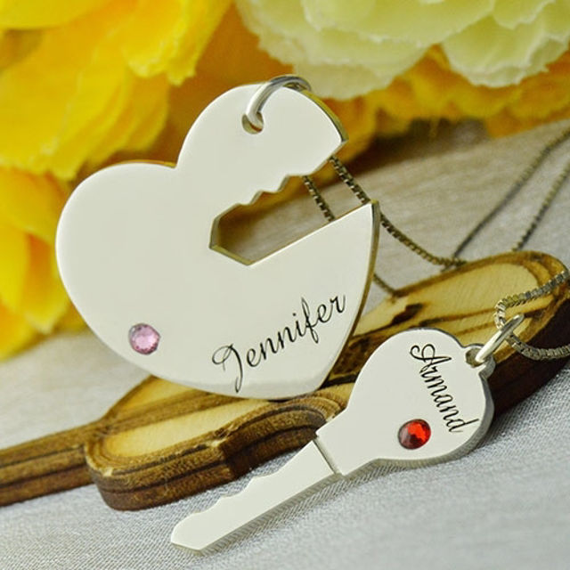 Picture of Key to My Heart Name Pendant Set for Couple in 925 Sterling Silver