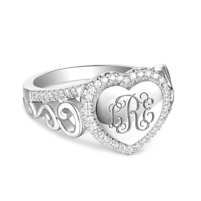 Picture of Engraved Heart Sterling Silver Monogram CZ Ring