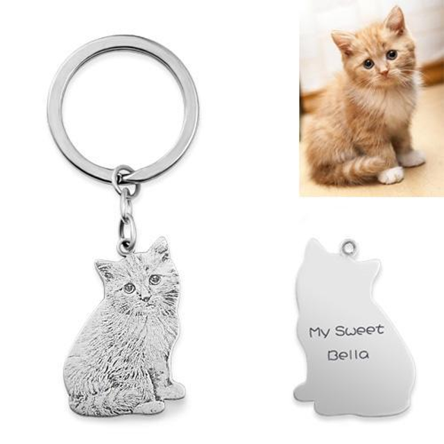 Picture of Engraved Pet Cat Photo Keychain in 925 Sterling Silver