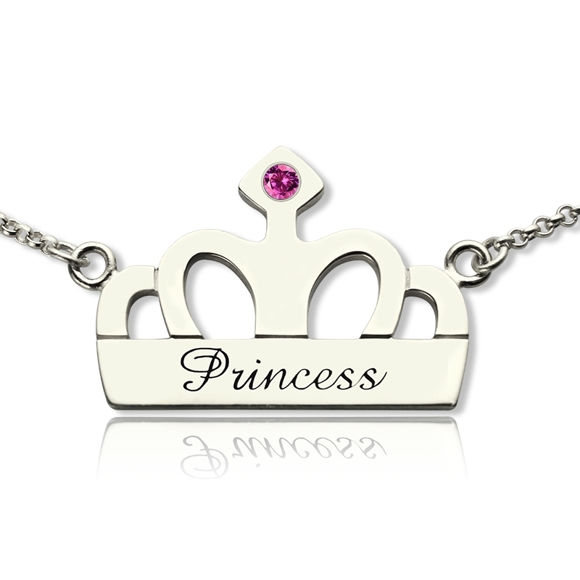 Picture of Crown Charm Necklace with Name & Birthstone in 925 Sterling Silver