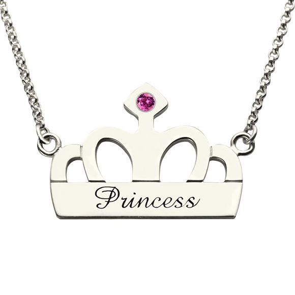 Picture of Crown Charm Necklace with Name & Birthstone in 925 Sterling Silver