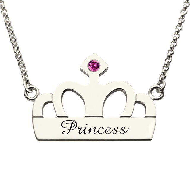 Picture of Crown Charm Necklace with Name & Birthstone in 925 Sterling Silver