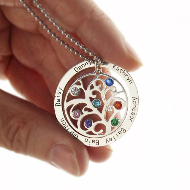 Picture of Personalized Circle Family Tree Birthstone 7 Names Necklace