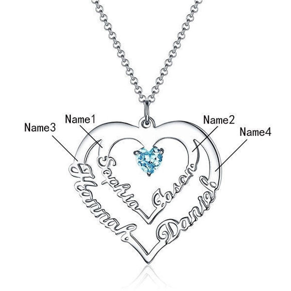 Picture of Personalized Heart Pendant Necklace With Four Names & One Birthstone in 925 Sterling Silver