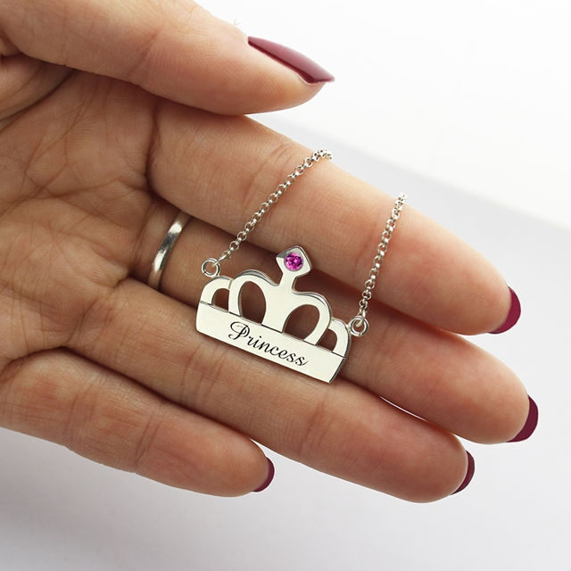Picture of Crown Charm Necklace with Name & Birthstone in 925 Sterling Silver