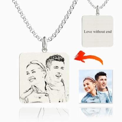 Afbeeldingen van Personalized Square Photo Engraved Tag Necklace With Engraving Silver - Customize With Any Photo | Custom Photo Necklace in 925 Sterling Silver Love Gifts
