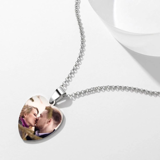 Picture of Stainless Steel Photo Heart Tag Necklace Engraved Pendant