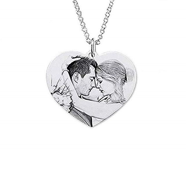 Picture of Engraved Heart Photo Pendant Necklace In 925 Sterling Silver