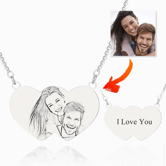 Picture of Personalized Heart To Hearts Photo Engraved Tag Necklace Silver In 925 Sterling Silver