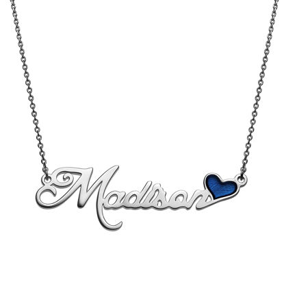 Picture of Script Name Plaque Necklace With Blue Enamel Heart in 925 Sterling Silver