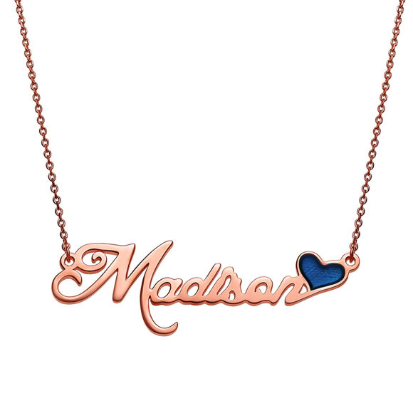 Bild von Skriptname-Plakette-Halskette mit blauem Emaille-Herzen