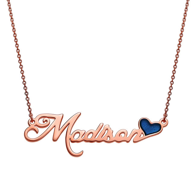 Picture of Script Name Plaque Necklace With Blue Enamel Heart in 925 Sterling Silver