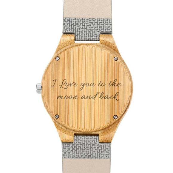 Afbeeldingen van Women's Engraved Bamboo Photo Watch Grey Leather Strap - Customize With Any Photo