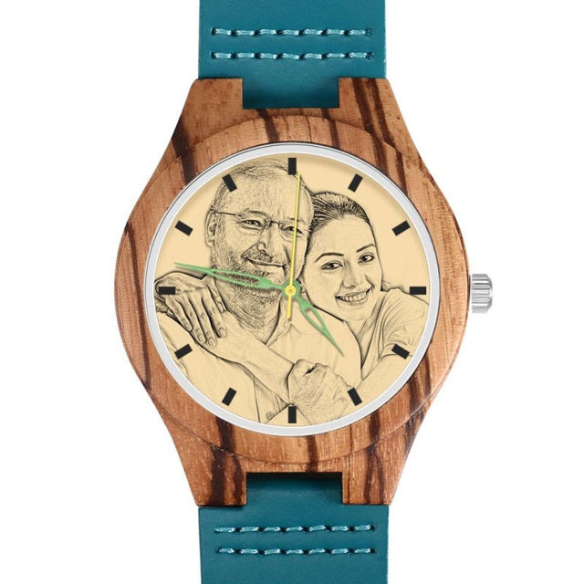 Picture of Engraved Wooden Stripe Photo Watch Blue Leather Strap - Zebra Wood