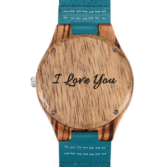 Picture of Engraved Wooden Stripe Photo Watch Blue Leather Strap - Zebra Wood