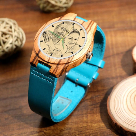 Imagen de Reloj fotográfico de rayas de madera grabado Correa de cuero azul - Madera de cebra