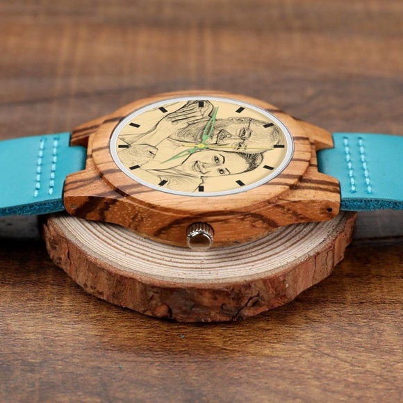 Imagen de Reloj fotográfico de rayas de madera grabado Correa de cuero azul - Madera de cebra