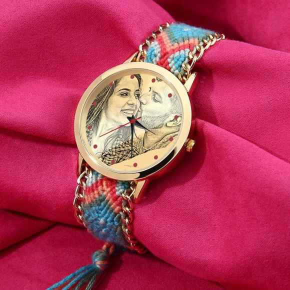 Bild von Frauen Gold Foto gravierte Uhr geflochtene Farbe Rope Strap
