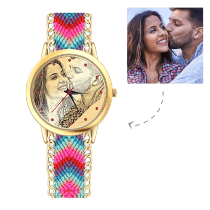 Image de Bracelet de corde de couleur tressée de montre gravée de photo d'or des femmes faites sur commande - personnalisez avec n'importe quelle photo