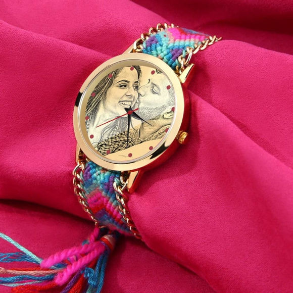 Image de Bracelet de corde de couleur tressée de montre gravée de photo d'or des femmes faites sur commande - personnalisez avec n'importe quelle photo