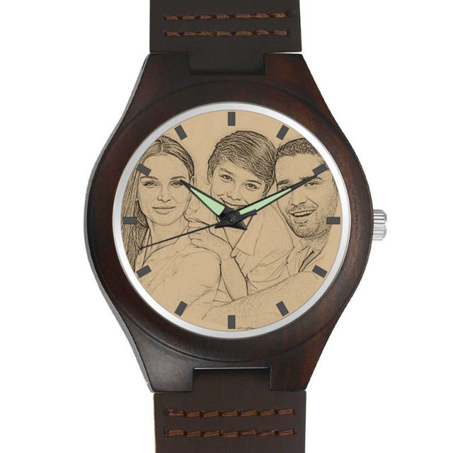 Picture of Men's Engraved Wooden Photo Watch Brown Leather Strap