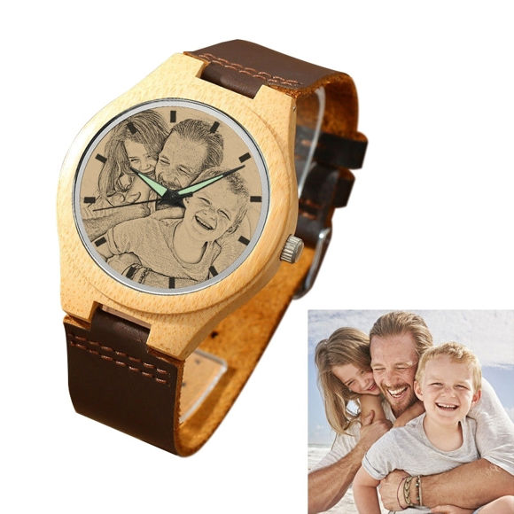Picture of Men's Engraved Bamboo Photo Watch Brown Leather Strap