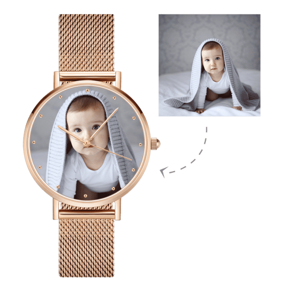 Image de Montre photo gravée pour femme en or rose avec bracelet personnalisé