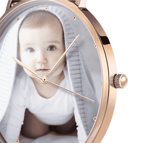 Imagen de Reloj personalizado con foto de pulsera de oro rosa grabado