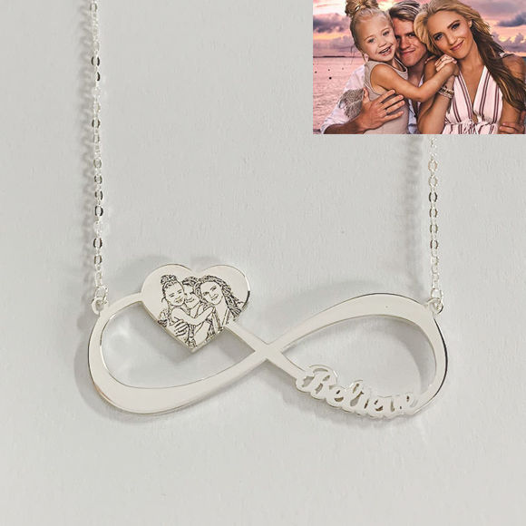 Picture of Engraved Heart Pendant Photo Infinity  Name Necklace in 925 Sterling Silver