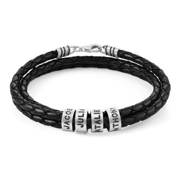 Picture of Unisex Braided Leather Bracelet with Small Custom Beads in 925 Sterling Silver