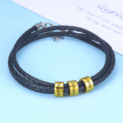 Picture of Unisex Braided Leather Bracelet with Small Custom Beads in 925 Sterling Silver