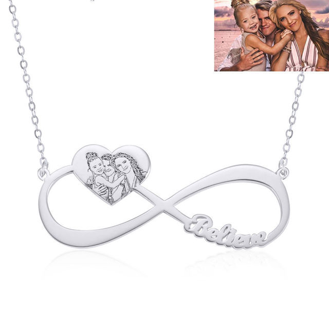 Picture of Engraved Heart Pendant Photo Infinity  Name Necklace in 925 Sterling Silver