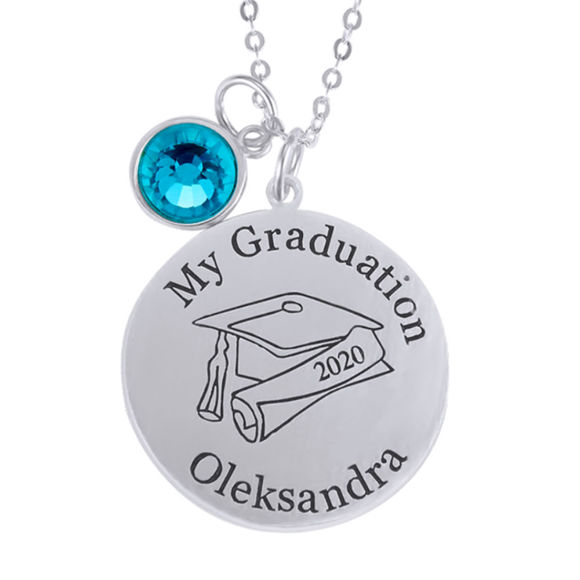 Imagen de Nombre de graduación de plata esterlina con colgante de disco con tapa de graduación