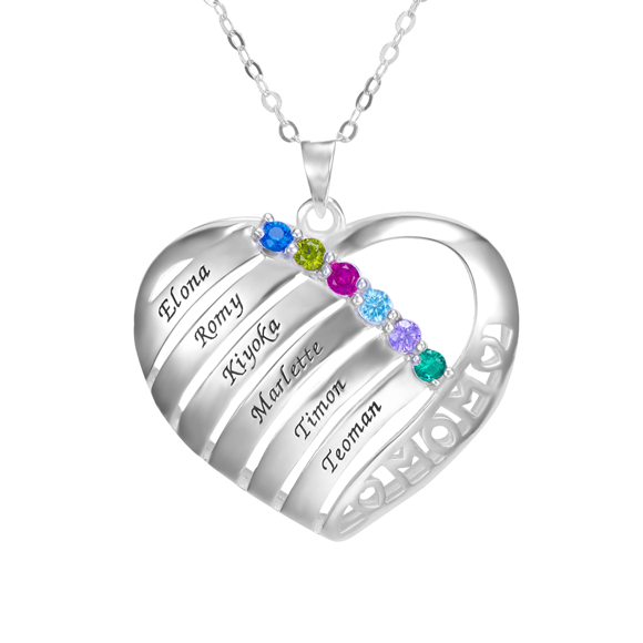 Bild von Gravierte Herzanhänger Family Birthstone Halskette für Mütter aus 925er Sterlingsilber