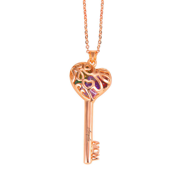 Picture of Moms Heart Cage Key Necklace With Birthstones in 925 Sterling Silver