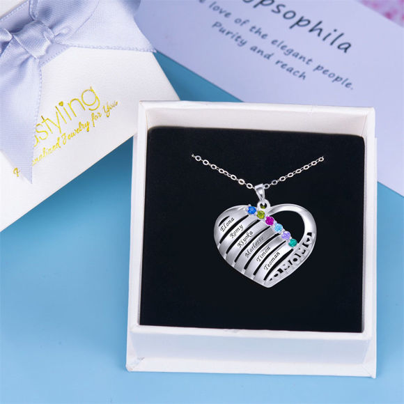 Picture of Engraved Heart Pendant Family Birthstone Necklace for Moms in 925 Sterling Silver