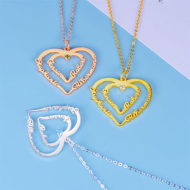 Picture of Personalized Heart Pendant Necklace With Four Names & One Birthstone in 925 Sterling Silver