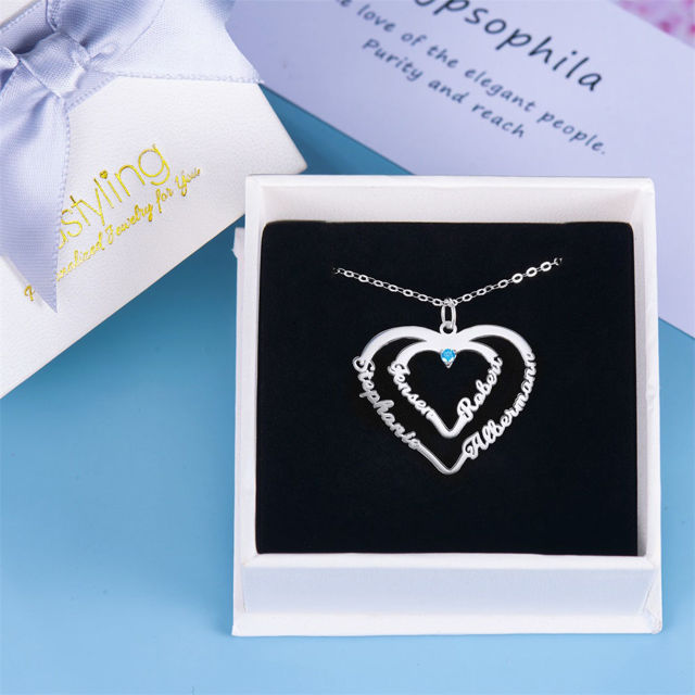 Picture of Personalized Heart Pendant Necklace With Four Names & One Birthstone in 925 Sterling Silver