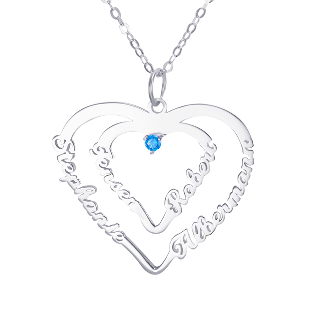 Picture of Personalized Heart Pendant Necklace With Four Names & One Birthstone in 925 Sterling Silver