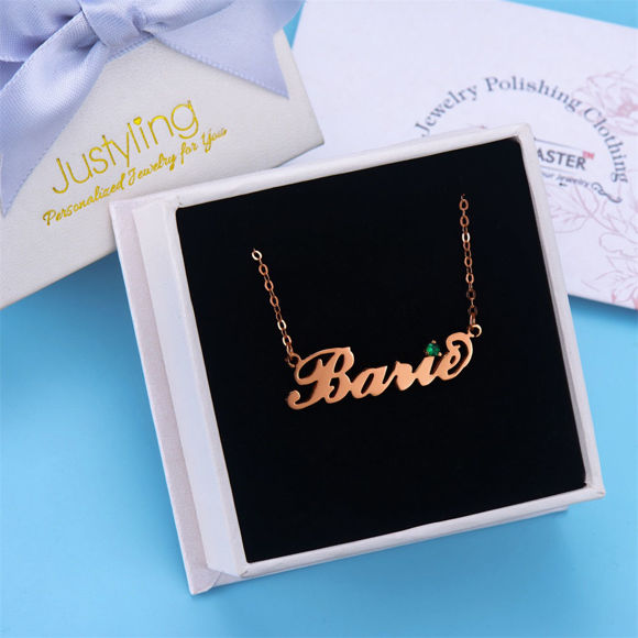 Picture of 925 Sterling Silver Carrie Nameplate Necklace with Birthstone