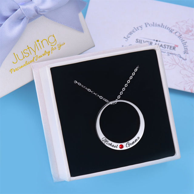 Picture of Big Circle Necklace with Two Names &  Birthstone in 925 Sterling Silver