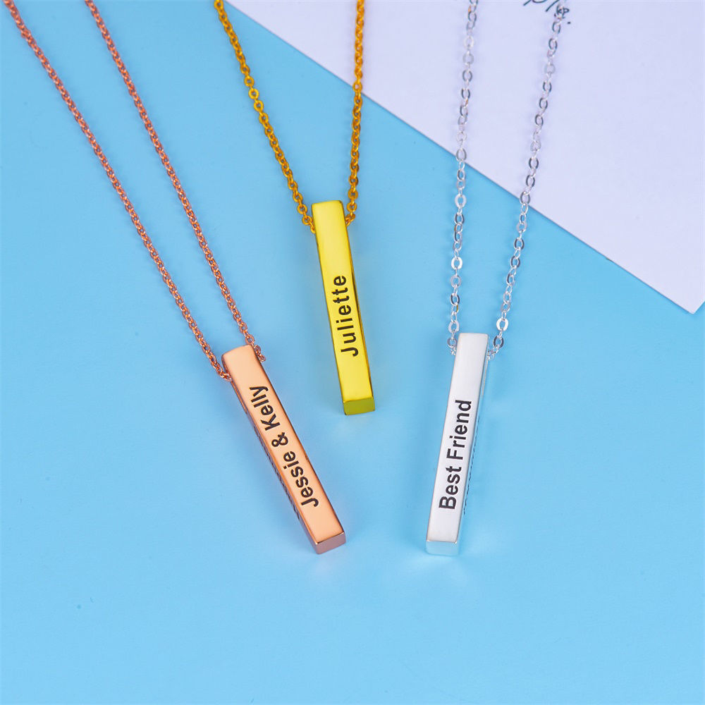 3D Engraving Vertical Bar Necklace Silver Personalized Gifts